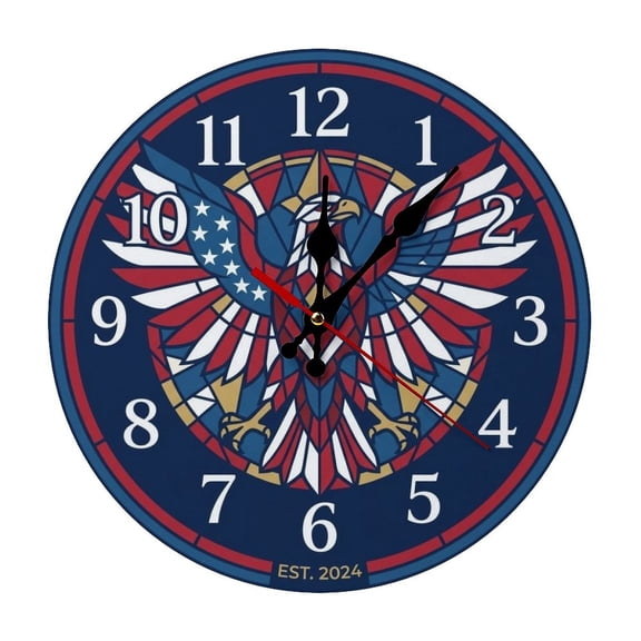 2D Flat Wall Clock Art Print, Silent Non Ticking Battery Operated,Stained Glass American Bald Eagle Patriotic Art Clock Wall Clock 2D Print Decorative for Bathroom Kitchen Bedroom 10 Inch & 12 Inch,