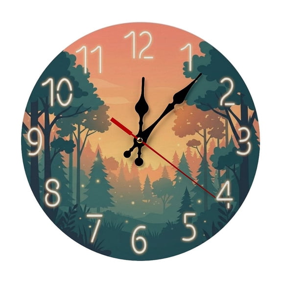 2D Flat Wall Clock Art Print, Silent Non Ticking Battery Operated,Sunset Forest Glowing Numerals Nature Scene Clock Wall Clock 2D Print Decorative for Bathroom Kitchen Bedroom 10 Inch & 12 Inch, Ship