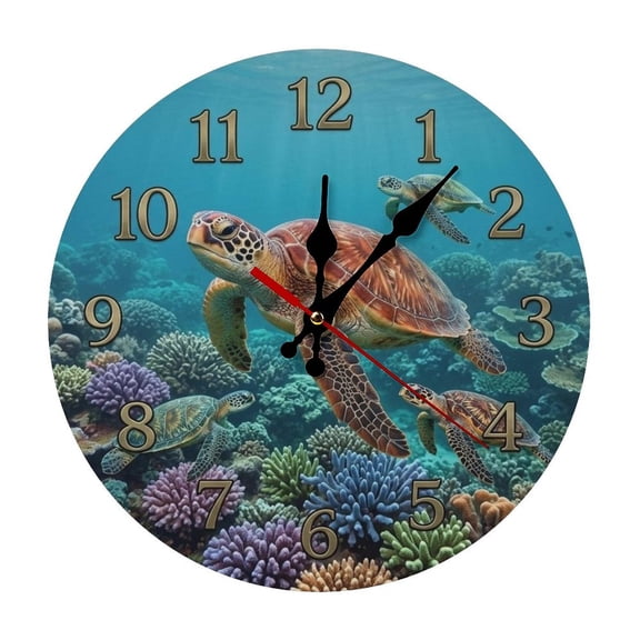 2D Flat Wall Clock Art Print, Silent Non Ticking Battery Operated,Underwater Sea Turtle And Coral Reef Clock Wall Clock 2D Print Decorative for Bathroom Kitchen Bedroom 10 Inch & 12 Inch, Ships Next
