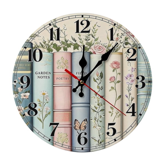 2D Flat Wall Clock Art Print, Silent Non Ticking Battery Operated,Vintage Book Stack Clock Wall Clock 2D Print Decorative for Bathroom Kitchen Bedroom 10 Inch & 12 Inch, Ships Next Day,No Battery