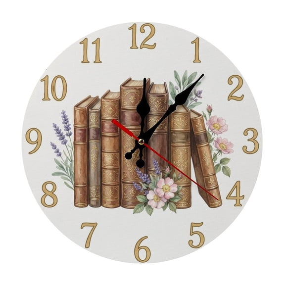 2D Flat Wall Clock Art Print, Silent Non Ticking Battery Operated,Vintage Books & Floral Clock Wall Clock 2D Print Decorative for Bathroom Kitchen Bedroom 10 Inch & 12 Inch, Ships Next Day,No Battery