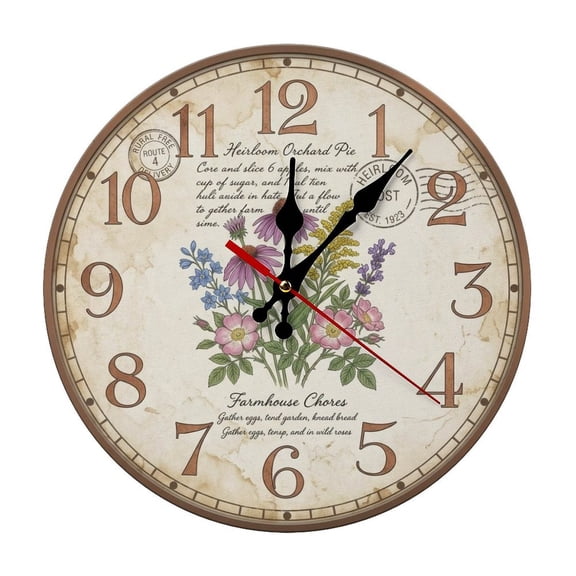 2D Flat Wall Clock Art Print, Silent Non Ticking Battery Operated,Vintage Farmhouse Wildflower Recipe Postcard Clock Wall Clock 2D Print Decorative for Bathroom Kitchen Bedroom 10 Inch & 12 Inch, Shi
