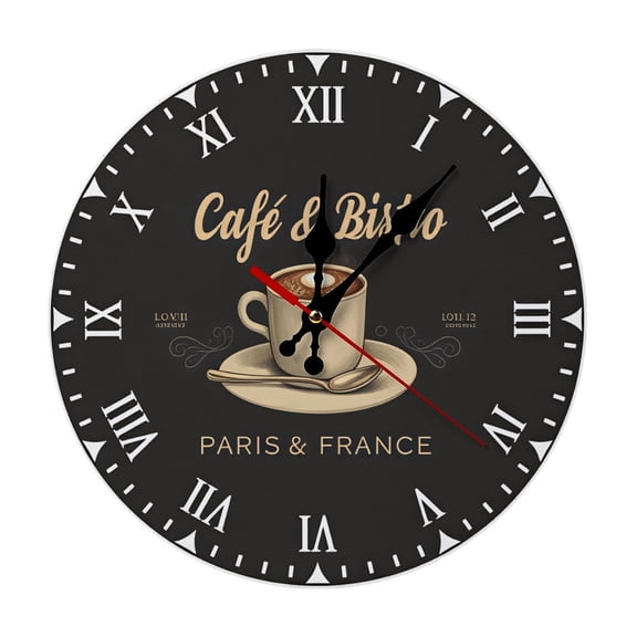 2D Flat Wall Clock Art Print, Silent Non Ticking Battery Operated,Vintage French Cafe Wall Clock 2D Print Decorative for Bathroom Kitchen Bedroom 10 & 12 Inches, Ships Next Day, No Battery