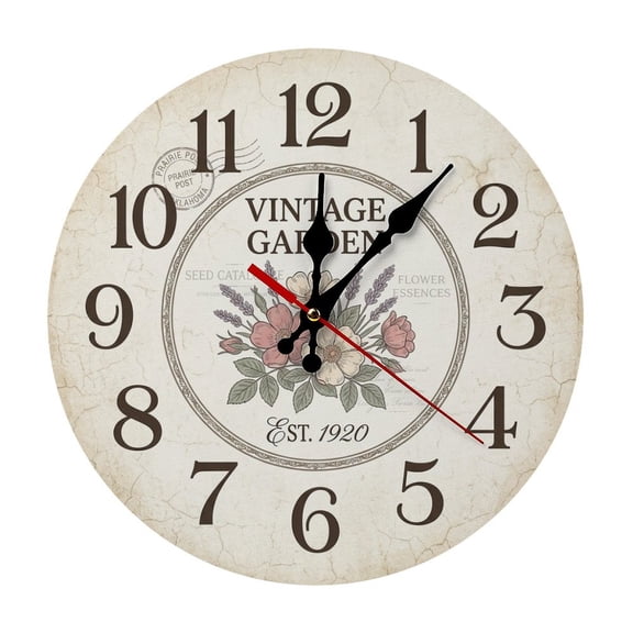 2D Flat Wall Clock Art Print, Silent Non Ticking Battery Operated,Vintage Garden Floral Postcard Style Clock Wall Clock 2D Print Decorative for Bathroom Kitchen Bedroom 10 Inch & 12 Inch, Ships Next