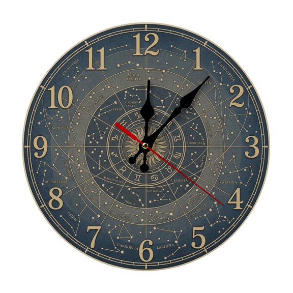 2D Flat Wall Clock Art Print, Silent Non Ticking Battery Operated,Vintage Zodiac Constellation Astrology Clock Wall Clock 2D Print Decorative for Bathroom Kitchen Bedroom 10 Inch & 12 Inch, Ships Nex