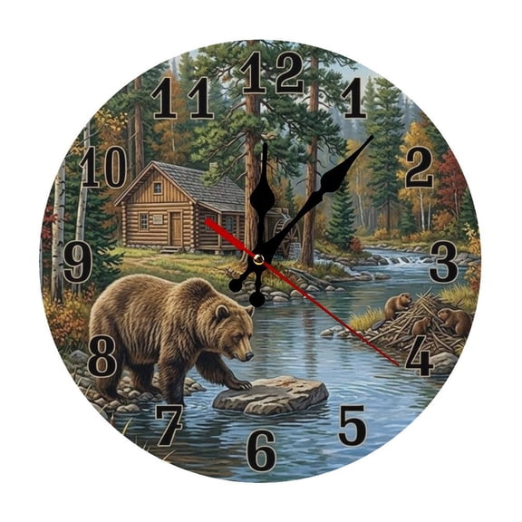 2D Flat Wall Clock Art Print, Silent Non Ticking Battery Operated,Wilderness Cabin Bear And Beaver Forest Clock Wall Clock 2D Print Decorative for Bathroom Kitchen Bedroom 10 Inch & 12 Inch, Ships Ne
