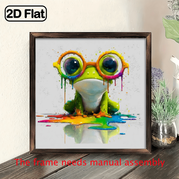 2D Flat Wall Decor, 8x8 Inch Wooden Frame Sign, Colorful Frog Dripping Glasses Whimsical Art Pop ArtSign, Wall Art Canvas Print Painting For Living Room Bedroom Office Bathroom Dorm Home Decor.