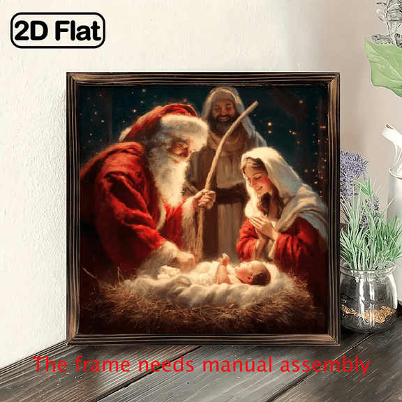 2D Flat Wall Decor, 8x8 Inch Wooden Frame Sign, Santa Claus, Nativity Scene, Religious Art Style Sign, Wall Art Print Painting For Living Room Bedroom Office Bathroom Dorm Home Decor, For Christma