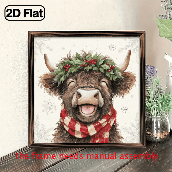 2D Flat Wall Decor, Christmas Highland Cow Christmas Wall Art, 8x8 Inch Wood Frame, Vintage Home Office Decor, For Christmas Gifts