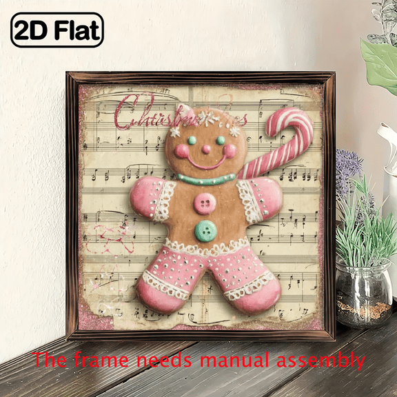 2D Flat Wall Decor, Pink Gingerbread Girl Christmas Sign, Vintage Holiday Decor, Wall Art, Cute Kitchen Sign, Christmas Cookie Print