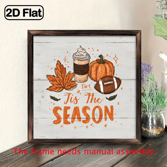 2D Flat Wall Decor, Rustic Tis' the Season Pumpkin Wood Box Sign, Farmhouse Retro Fall Artwork Decor, Autumn Harvest Thanksgiving Wooden Square Sign Desk Block Signs Home Shelf Office Decoration