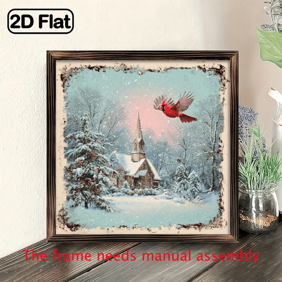 2D Flat Wall Decor, Rustic Winter Church Scene Sign, Cardinal and Snowy Chapel, Vintage Christmas Wall Art, Faith-Based Holiday Decor, Religious Gift