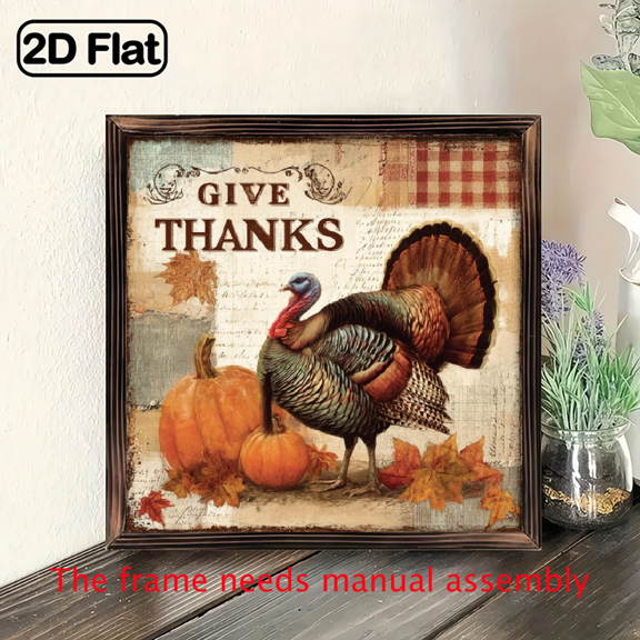 2D Flat Wall Decor, Vintage Give Thanks Turkey Sign Rustic Fall Wall Decor, Farmhouse Autumn Pumpkin Art for Home