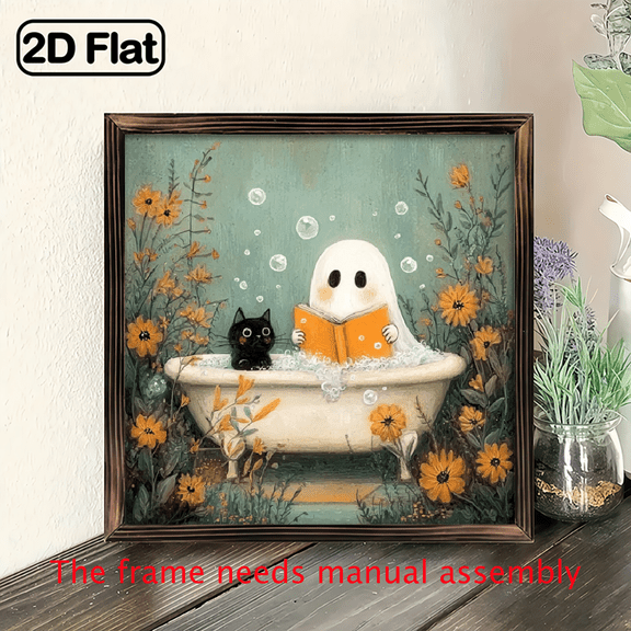 2D Flat Wall Decor, Vintage Halloween Wooden Wall Sign - Spooky Black Cat Ghosts in Bathtub with Floral Design, Halloween Gifts For Family For Living Room Bedroom Office Bathroom Dorm Home Decor,