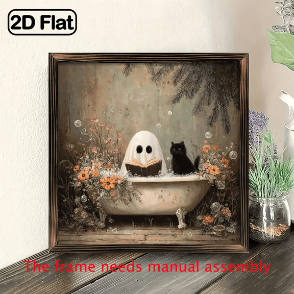 2D Flat Wall Decor, Whimsical Spooky Cat Wooden Sign - Framed Halloween Decoration with Vintage Bathtub Scene, Halloween Gifts For Family For Living Room Bedroom Office Bathroom Dorm Home Decor, R