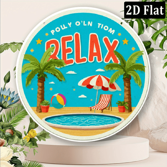 2D Flat, Wall Hanging Decoration Metal Sign, Round Aluminum Sign, Relax You Are on Pool Time Seaside Pool Design, Suitable for Outdoor Use, Easy to Hang, Perfect Home Decor, Gift Idea, 8*8in