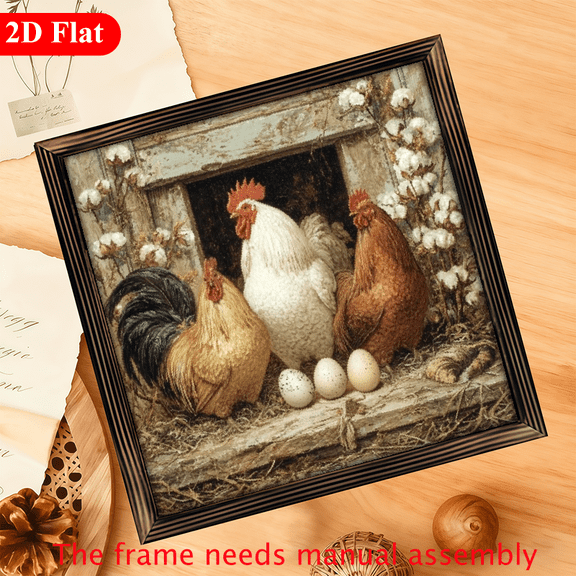 2D Flat Wall Pediments, Rustic Farmhouse Chicken Coop Wall Art - 12X12 Inch Wooden Framed Decoration for Country Kitchen Bathroom Featuring Rooster Hens, Easter St Patrick'S Day Hanging Sign for