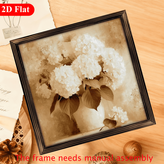 2D Flat, Wall Pediments Rustic Wood Photo Frame with Water Lily Floral Painting - Farmhouse Vintage Wall-Mounted Picture Frame Suitable for Bathroom, Kitchen, Horizontal Display, Ideal Gift for