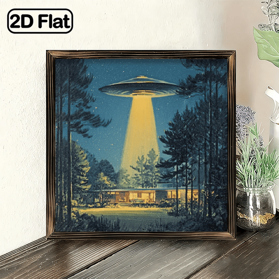 2D Flat Wall Pediments1pcs Humorous Space UFO in Town Landscape Art Wood Framed Sign - 8x8 inch, wall mounted decorative sign for home, living room, bedroom, garden and office - perfect for holi
