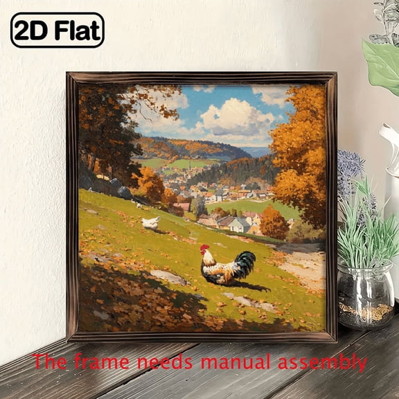 2D Flat, Wall Pediments1pcs Wooden Sign, 8x8inch Rustic Autumn Farm Scene Rooster Art Print, Country Landscape Painting for Wall Decor, Printing, Wooden Frame, Fall Harvest Vibes Framed Wall