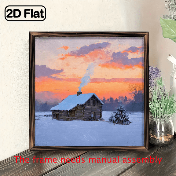 2D Flat, Wall Pediments1pcs Wooden Sign, 8x8inch Rustic Winter Cabin Sunset 2D Flat Print Wooden Art Frame Snowy Landscape Home Wall Art Decorative Painting Framed Wall Art Deco for Kitchen Ba