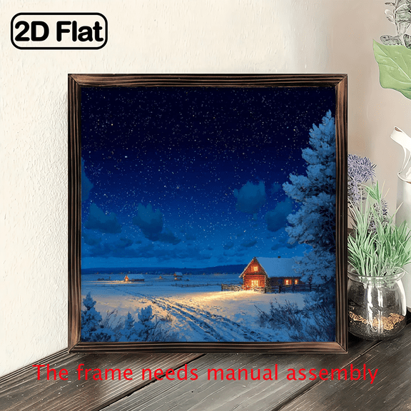 2D Flat, Wall Pediments1pcs Wooden Sign, 8x8inch Winter Night Cabin Scene 2D Flat Printed Wood Panel Art Snowy Landscape with Starry Sky and Warm Lights Rustic Mountain View Framed Wall Art De