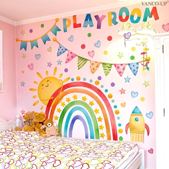 2D Flat Wall Stickers Set of 2 Smiling Suns Rainbows Stars Rockets Peel and Stick Decor