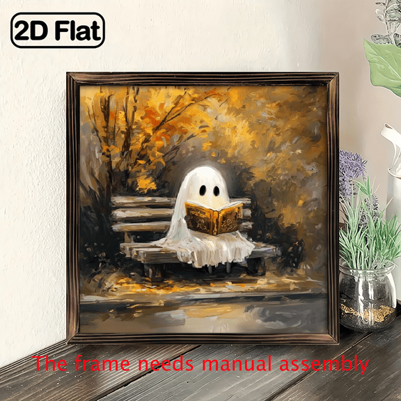 2D Flat Wall dcor Wood Frame Wall Art 8x8in Prints, Cute Ghost Art Posters Print Painting For Living Room Bedroom Office Bathroom Dorm Home Decor