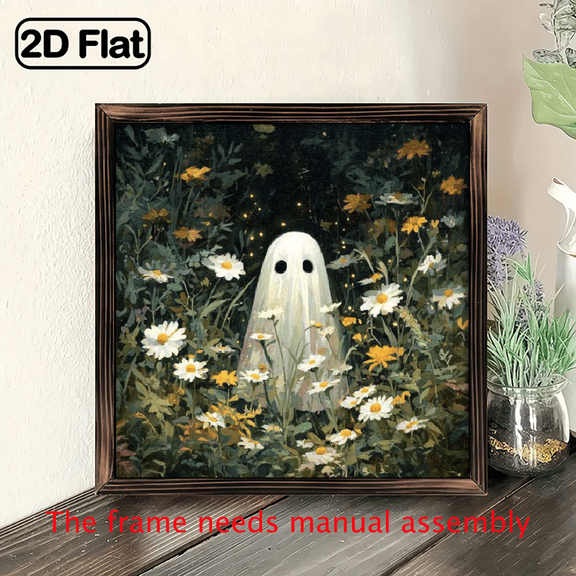 2D Flat Wall dcor Wood Frame Wall Art 8x8in Prints, Cute Ghost Art Posters Print Painting For Living Room Bedroom Office Bathroom Dorm Home Decor, Ready To Hang