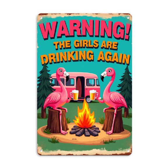 2D Flat Warning The Girls Are Drinking Again Humorous Metal Sign 8x12 In Vintage Inspired Wall Art Decor With Pink Flamingos Camper Van Scene For Outdoor Garage Porch Cafe For Man Cave,