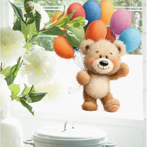 2D Flat Watercolor Teddy Bear Theme Electrostatic Glass Sticker - Colorful Balloon Decor for Windows and Doors