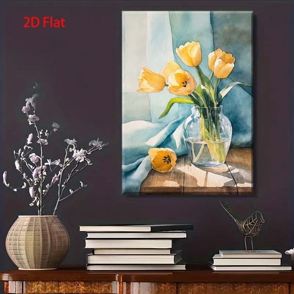 2D Flat Watercolor Yellow Tulip Wall Art Painting - Vibrant Yellow Tulips in Vase with Soft Blue Background, Wrapped Canvas Framed Modern Minimalist Floral Decor for Kitchen, Dining Room, Living Room