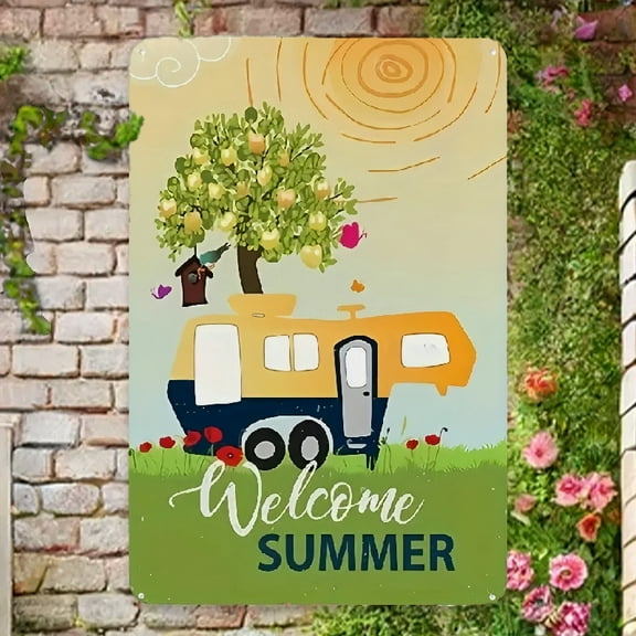 2D Flat Welcome Garden & Camping Beach Metal Sign, 12x8 Inch Style Seasonal Decor with Spring Summer Fall Winter Designs for Outdoor Lawn, RV, Camper & Home Decoration, Festive Yard Metal Tin Signs