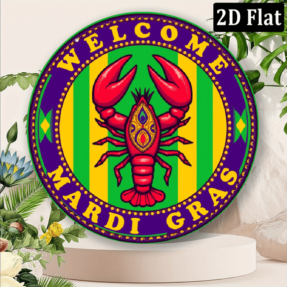 2D Flat, Welcome Mardi Gras Crawfish Vintage-Style Aluminum Metal Wall Art Sign - Decor for Bedroom, Kitchen, Restaurant.8x8 inch
