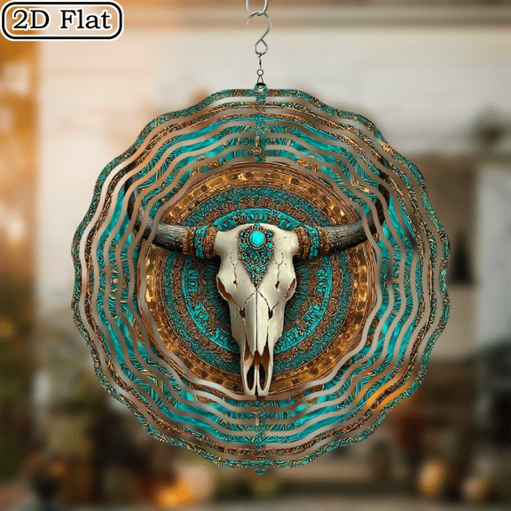 2D Flat, Western Skull Wind Spinner 2D Kinetic Metal Hanging Decor for Garden Yard Indoor 360 Rotating Hook Dynamic Art Sculpture Unique Gift for Men WomenWind chime,Wind Spinner 10*10in