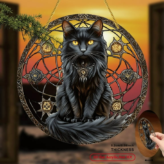2D Flat, Whimsical Black Cat Dreamcatcher Wall Decor - Acrylic Sun Catcher with Celtic Knot Mystical Symbols, Artistic Home Garden Yard Ornament, Reusable Holiday Gift for Mom, Family, 8*8inch