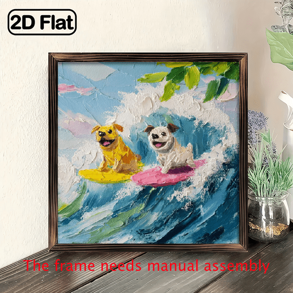 2D Flat - Whimsical Touch Funny Surfing Dogs Wooden Frame Wall Art - 8x8 Inch Beach-Themed Decorative Sign with Yellow Surfboard and Pink Puppy, Perfect for Home, Patio, or Beach House, Dog Lover