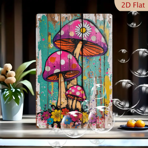 2D Flat, Whimsy Garden Mushroom-Themed Wooden Frame Sign - No Electricity Needed Outdoor Wall Art - Durable, Easy to Clean - Ideal for Home, Kitchen, Living Room, Office - 8x12 Inches