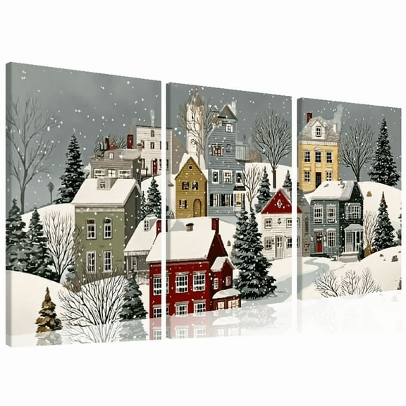 2D Flat, Winter Village Canvas Wall Art - Colorful Snowy Houses in Wooden Frame, Classic American Art Deco Style Indoor/Outdoor Home Decor for Living Room, Bedroom 2D Flat 12*16inch*3pcs