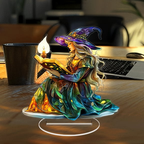 2D Flat Witch Reading Spell Book Acrylic Desktop Decoration, Transparent Acrylic With Smooth Edges, Uv Printed Witch Pattern, No Assembly Needed, Ideal For Study & Bedroom