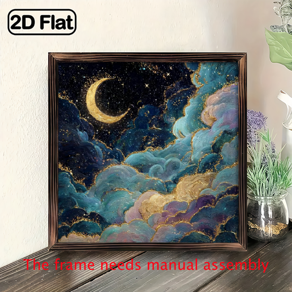 2D Flat, Wood Frame Sign Crescent Moon in Clouds, Starry Night Sky Square Wall Art Paintings Ideal Gift For Living Room Bedroom Corridor Wall Decor Room Decoration Ready 8x8in