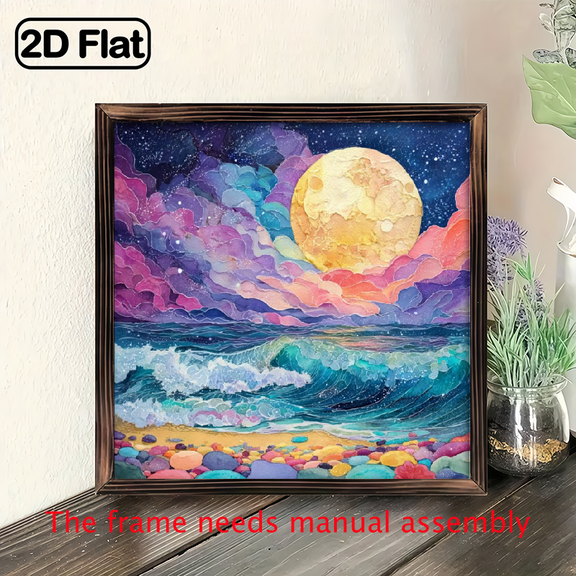 2D Flat, Wood Frame Sign Moonlit Ocean Waves, Seascape Square Wall Art Paintings Ideal Gift For Living Room Bedroom Corridor Wall Decor Room Decoration Ready to Hang 8x8inch, Decorative Sign, 8*8in