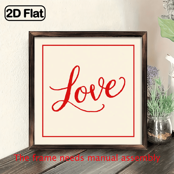 2D Flat Wood Vintage Love Sign Red Cursive Lettering in Beige Frame, Romantic Tabletop Decor, Valentine Gift, Wedding Anniversary Decoration, Minimalist Wood Art, 8x8 Inch Decorative Signs & Pla
