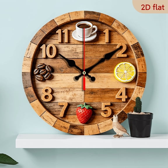 2D Flat Wooden Coffee Fresh Fruit Wooden Pattern Wall Clock Suitable for Bedroom, Living Room, Office, School, Hospital, Perfect Christmas Decoration, Gift-Ready, 10 Inches (Battery Not Included)