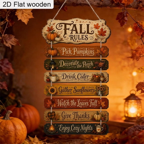 2D Flat Wooden Fall Rules Hanging Sign, Vintage Autumn Harvest Wall Plaque, Pumpkin Maple Leaf Thanksgiving Hanging Ornament for Front Door Porch Farmhouse Home Wall Decor
