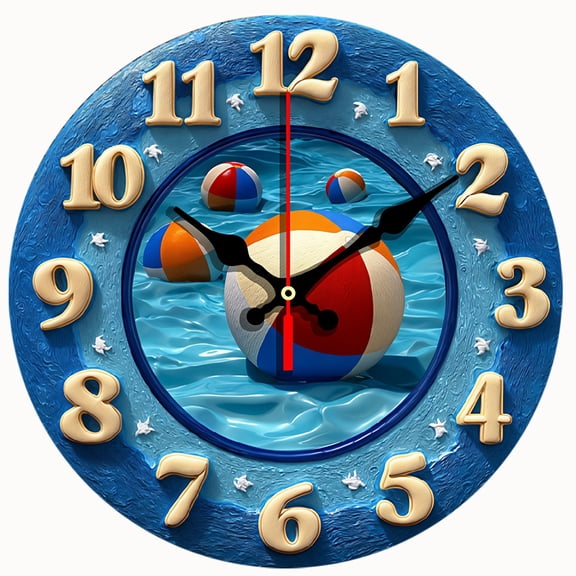 2D Flat Wooden Wall Clock,1pc wall-mounted clock decoration, Energetic blue waves, beach balls and surfboards word wooden circular wall-mounted clock - AA Battery Not Included