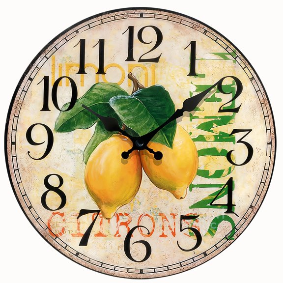2D Flat Wooden Wall Clock, Retro Lemon Pattern, Silent Non-Ticking Quartz Movement, Holiday Gift Decor for Living Room, Battery Not Included