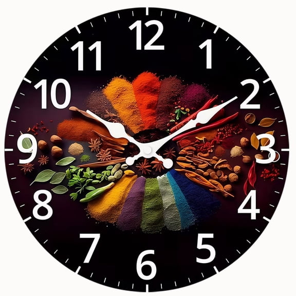 2D Flat Wooden Wall Clock,Assorted Colorful Cooking Spices Pattern Wall Clock, Silent Non-Ticking Quartz Round Clock for Kitchen Restaurant Decor - AA Battery Not Included