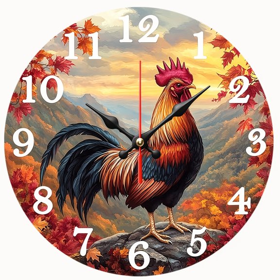 2D Flat Wooden Wall Clock,Autumn Rooster Mountain Maple Leaf Print,Silent Non-Ticking Decor Clock,Farmhouse Rustic Wall Art,AA Battery Not Included