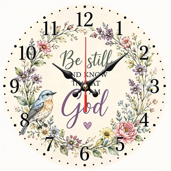2D Flat Wooden Wall Clock,Be Still And Know I Am God Floral Bird Wall Clock,Inspirational Religious Scripture Decor Clock for Living Room, Bedroom Decoration,AA Battery Not Included